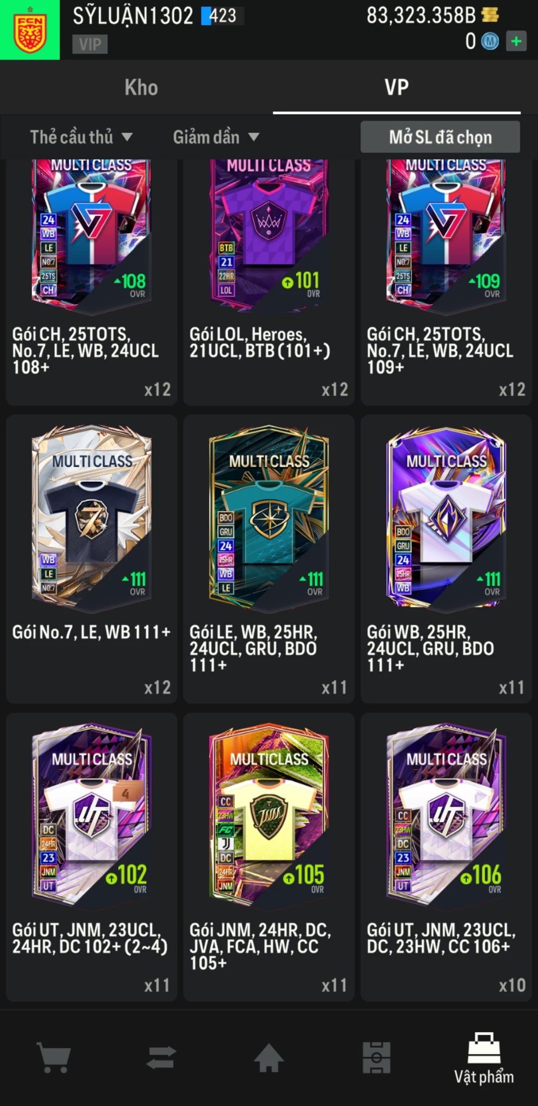 Ảnh ACC mở thẻ (LOẠI SVIP PROMAX) bao gồm có 01 thẻ +12, 03 thẻ PRIME (QH+, CP+, XS+) và hơn 1600+ đến 3500+ thẻ cầu thủ từ Siêu sao đến Miền núi các loại. Acc có sẵn BP trắng từ 55.000 tỷ BP đến 90.000 tỷ BP